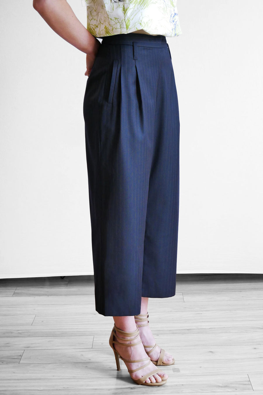 tailored culottes with front pleats navy pinstripes