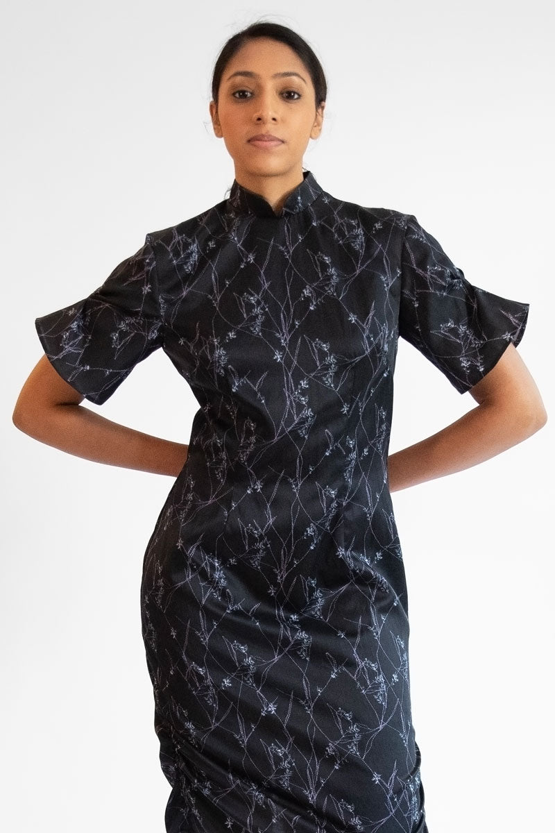 black floral cheongsam dress with mandarin collar and short sleeves