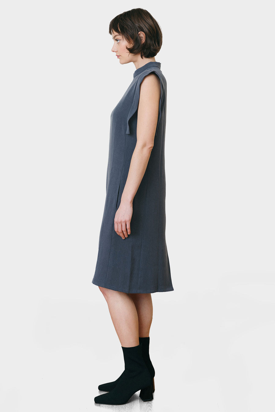 slate gray dress with shoulder panels