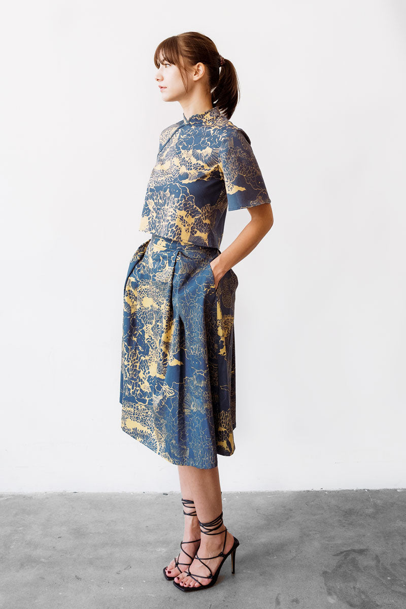 Printed cheongsam top and skirt set