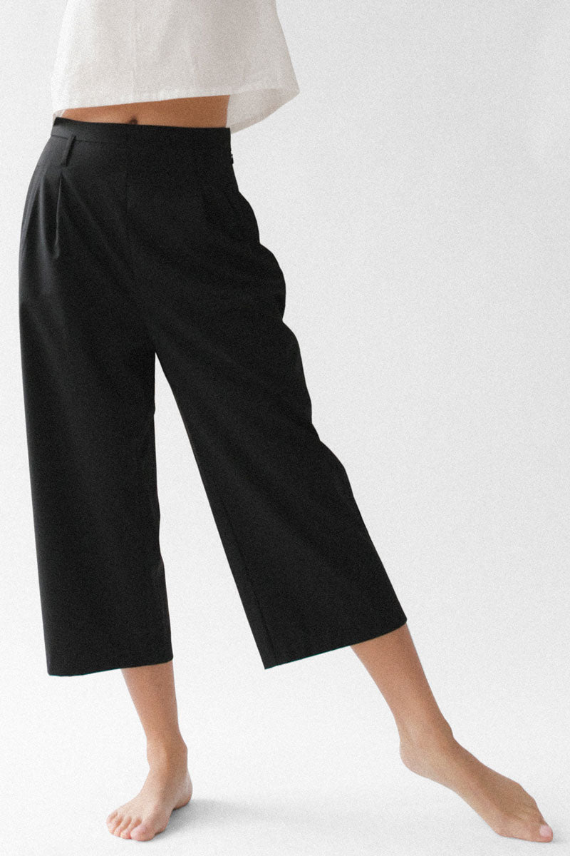 black tailored pants with front pleats for women