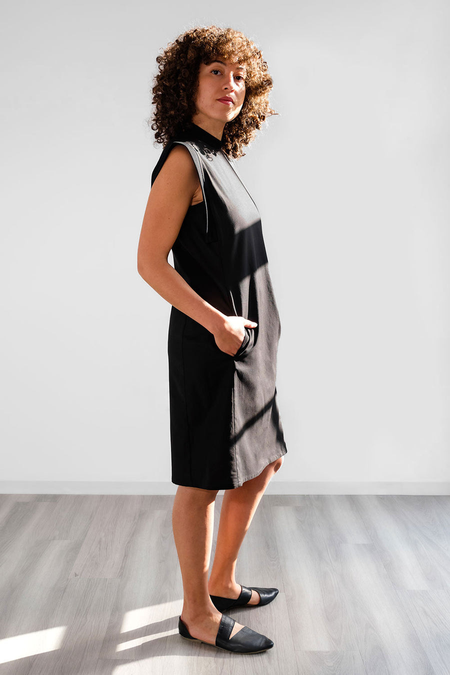 black cheongsam dress with pockets
