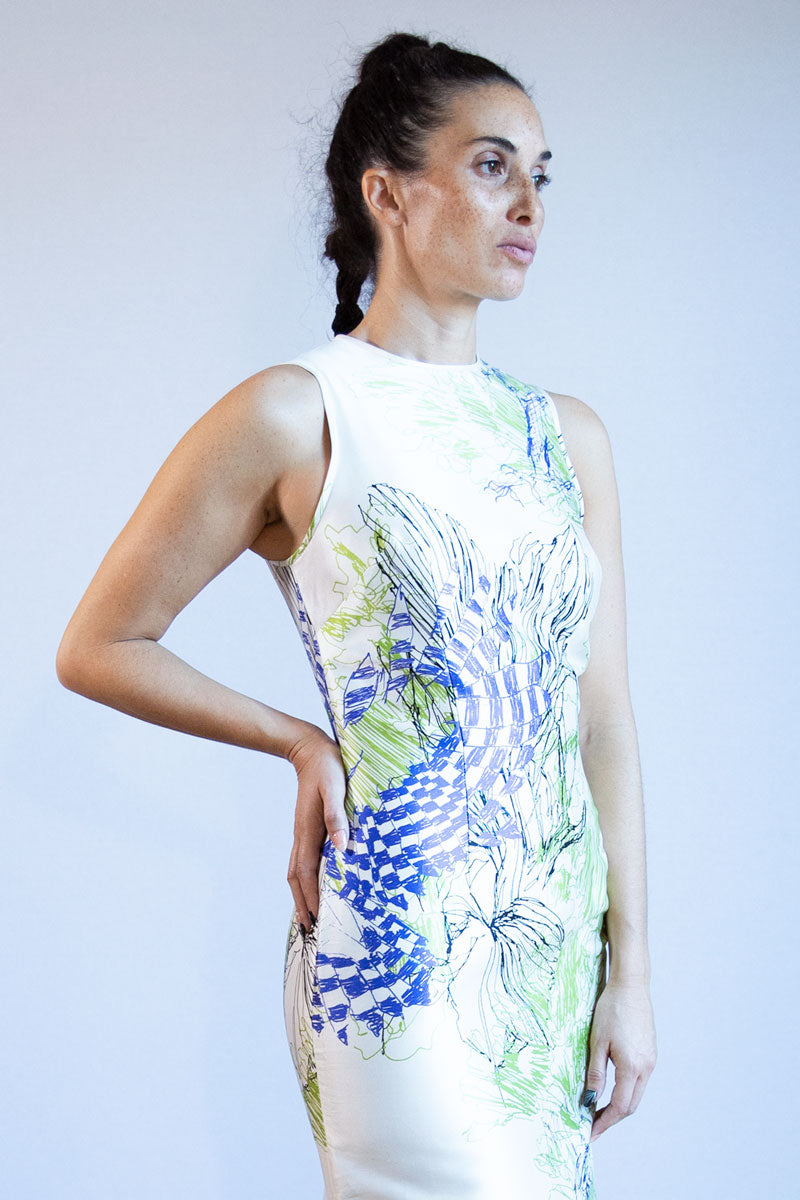 Custom-made sleeveless long dress with a bold print