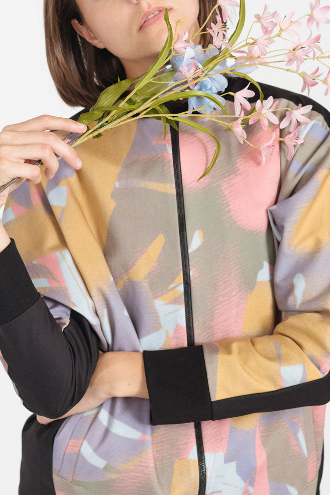 Zip up jacket with pink floral pattern