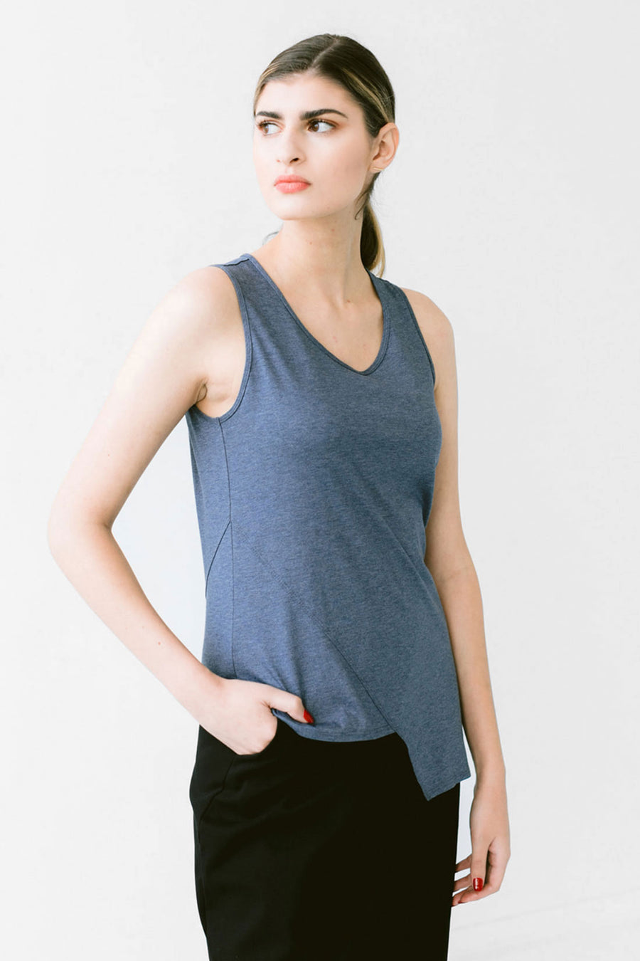 heather blue tank top with asymmetrical hem