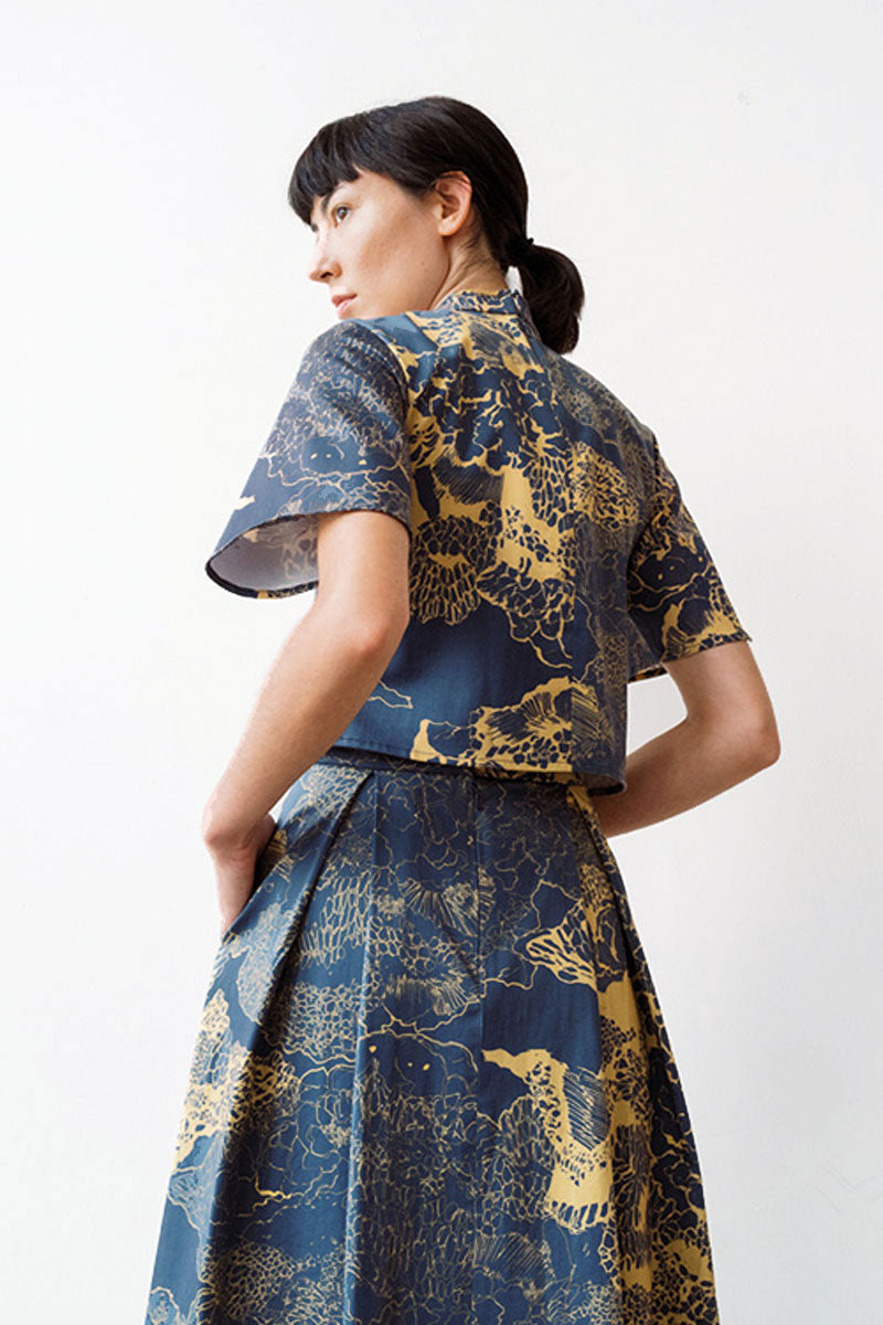 Navy and gold qipao top with sleeves