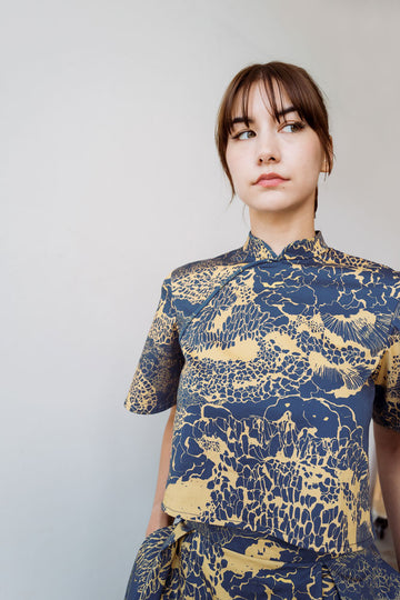 Printed Cheongsam Top with navy and gold print