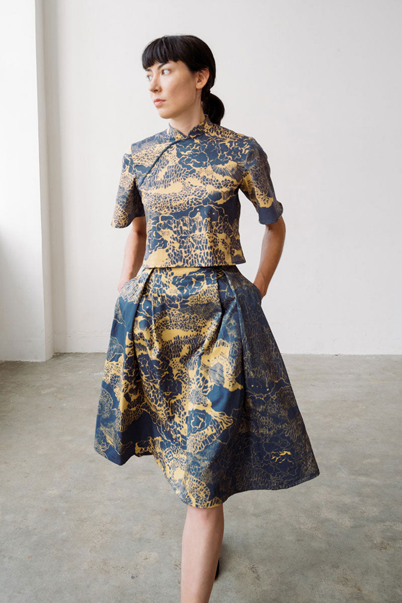 Printed Cheongsam Top with sleeves and flared skirt with pockets